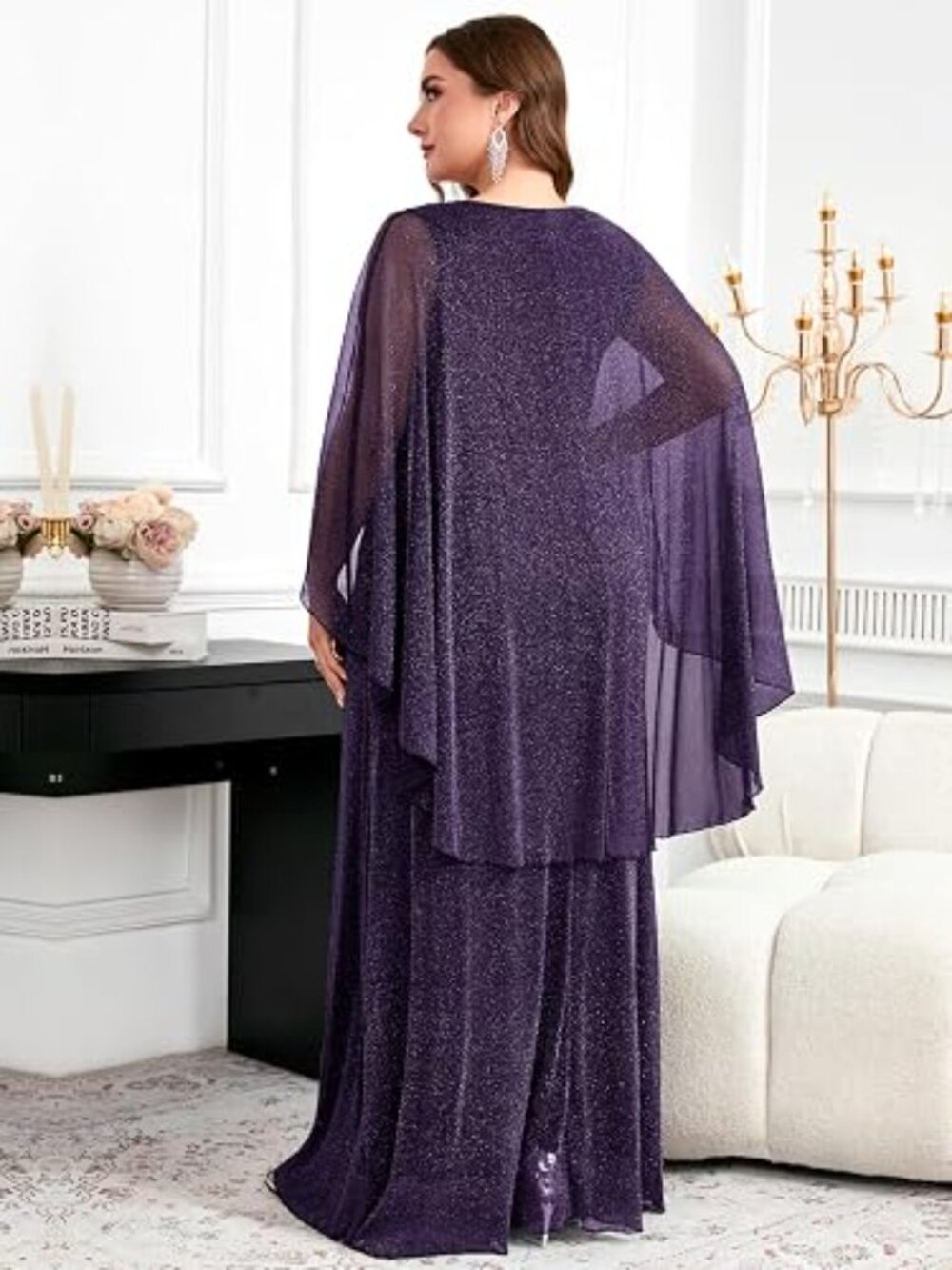 Tiaraly Women's Plus Size Purple Glitter Formal Dress w/Long Cape Jewels Size-2X - Picture 5 of 5